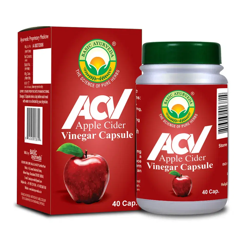 Basic Ayurveda ACV(Apple Cider Vinegar) (40 Capsules) | Enriched with the goodness of apples | Known to improve digestion | Beneficial for skin health | Helps to balance the blood sugar levels | Maintain the blood pH levels. Basic Ayurveda ACV(Apple Cider Vinegar) (40 Capsules) | Enriched with the goodness of apples | Known to improve digestion | Beneficial for skin health | Helps to balance the blood sugar levels | Maintain the blood pH levels. - Image 1