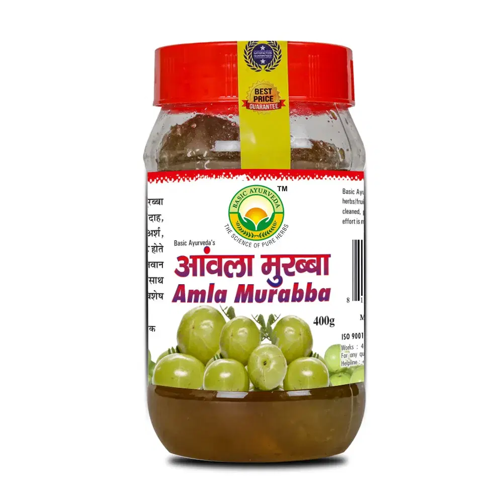 BASIC AYURVEDA Amla Murabba (Candied Indian Gooseberry Delicious) 400 Gm | Toothsome Dried Aamla Marmalade | Ultimate Organic Classic Aamla Fruit | With Jar Pack Sweet Taste BASIC AYURVEDA Amla Murabba (Candied Indian Gooseberry Delicious) 400 Gm | Toothsome Dried Aamla Marmalade | Ultimate Organic Classic Aamla Fruit | With Jar Pack Sweet Taste - Image 1