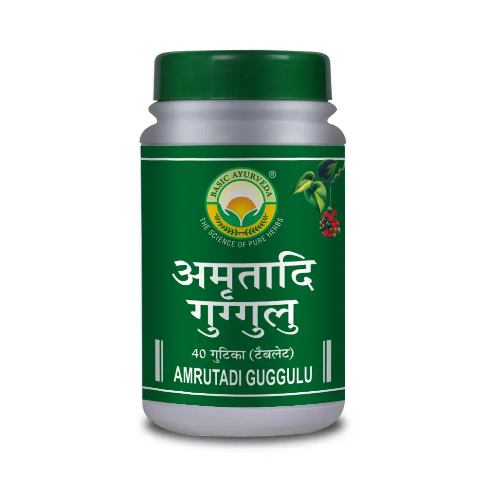Basic Ayurveda Amrutadi Guggulu 40 Tablet | Dryness of the skin | Pain in the joints of the fingers | Weakness | Tremors in the body | All the skin diseases | Itching. Basic Ayurveda Amrutadi Guggulu 40 Tablet | Dryness of the skin | Pain in the joints of the fingers | Weakness | Tremors in the body | All the skin diseases | Itching. - Image 1
