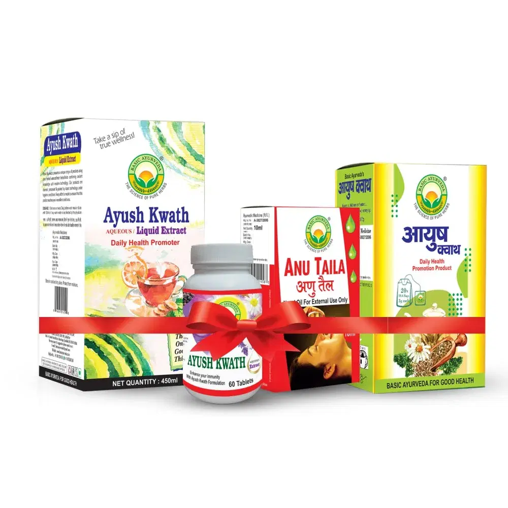BASIC AYURVEDA Ayush Kwath Immunity Kit | Combo Pack Of Immunity Booster | Include Packaging (Ayush Kwath Liquid Extract, Ayush Kwath Tablet, Anu Taila, Ayush Kwath Infusion/Tea Bags) | A Powerful Blend Of Ingredients Extra Strength Formula BASIC AYURVEDA Ayush Kwath Immunity Kit | Combo Pack Of Immunity Booster | Include Packaging (Ayush Kwath Liquid Extract, Ayush Kwath Tablet, Anu Taila, Ayush Kwath Infusion/Tea Bags) | A Powerful Blend Of Ingredients Extra Strength Formula - Image 1