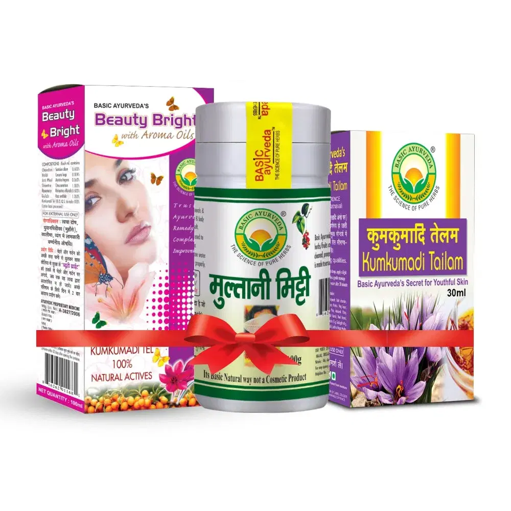 BASIC AYURVEDA Beauty Ayurvedic Prdocuts Kit | Gift Set For Men and Women | Combo Pack For Complete Skin Health | Include The Package (Kumkumadi Tailam, Beauty Bright Lotion Cream, Multani Mitti Pack) | Pack Of 3 BASIC AYURVEDA Beauty Ayurvedic Prdocuts Kit | Gift Set For Men and Women | Combo Pack For Complete Skin Health | Include The Package (Kumkumadi Tailam, Beauty Bright Lotion Cream, Multani Mitti Pack) | Pack Of 3 - Image 1