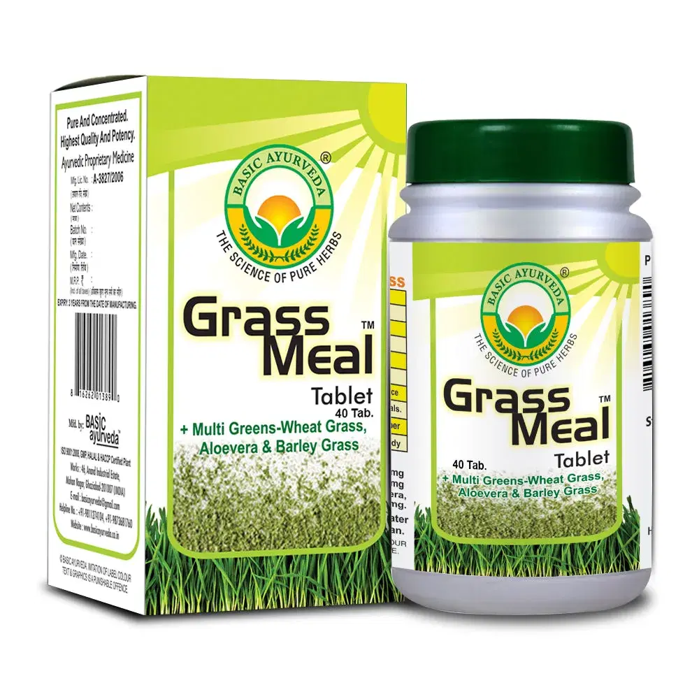 Basic Ayurveda Grass Meal Tablet (40 Tablet) | Fatigure | General weakness | Weight loss | Body Cleanser | Muscles Rebuilder | Natural source of energy | Basic Ayurveda Grass Meal Tablet (40 Tablet) | Fatigure | General weakness | Weight loss | Body Cleanser | Muscles Rebuilder | Natural source of energy | - Image 1