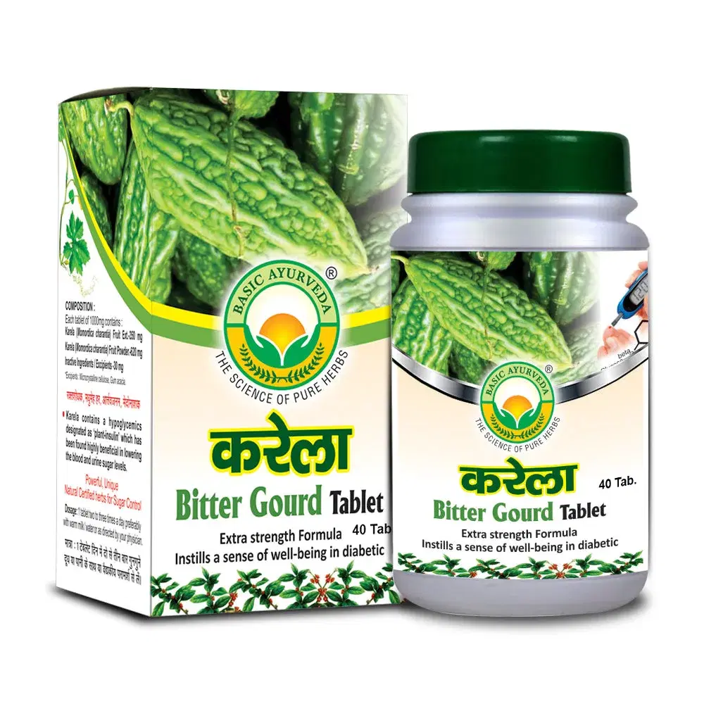 Basic Ayurveda Karela (Bitter Gourd) Tablet (40 Tablet) | Helpful for Lower blood glucose level | Helpful for Lower urine sugar levels | Helpful in blood disorders | Basic Ayurveda Karela (Bitter Gourd) Tablet (40 Tablet) | Helpful for Lower blood glucose level | Helpful for Lower urine sugar levels | Helpful in blood disorders | - Image 1