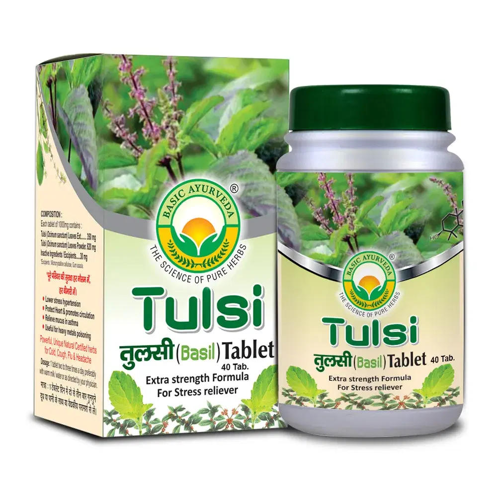 Basic Ayurveda Tulsi (Basil) Tablet (40 Tablet) | Respiratory disorder | Helpful for cold & cough | Anti-stress | Useful in Eye disorder. Basic Ayurveda Tulsi (Basil) Tablet (40 Tablet) | Respiratory disorder | Helpful for cold & cough | Anti-stress | Useful in Eye disorder. - Image 1